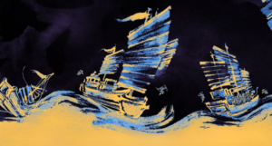 a cropped cover of He Who Drowned the World showing blue and gold illustrations of ships