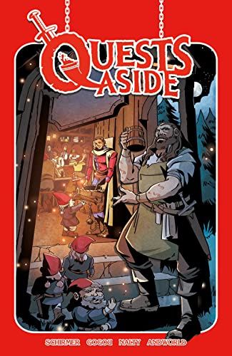 cover of Quests Aside Vol. 1: Adventurers Anonymous by Brian Schirmer; illustration of a big bearded tavern keep in an apron holding a mug