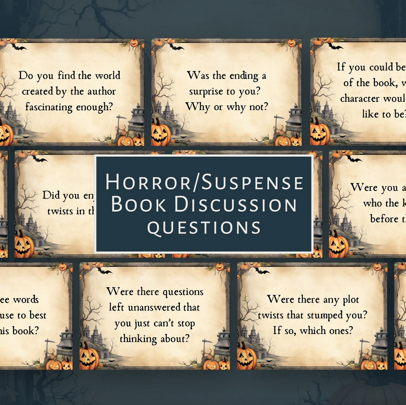 Set of horror/suspense book discussion question cards