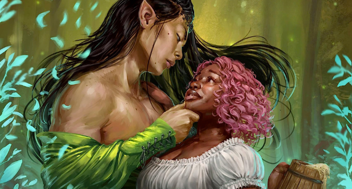 a cropped cover of That Time I Got Drunk and Saved a Demon showing a demon with pointed ears and horns embracing a Black woman with pink hair