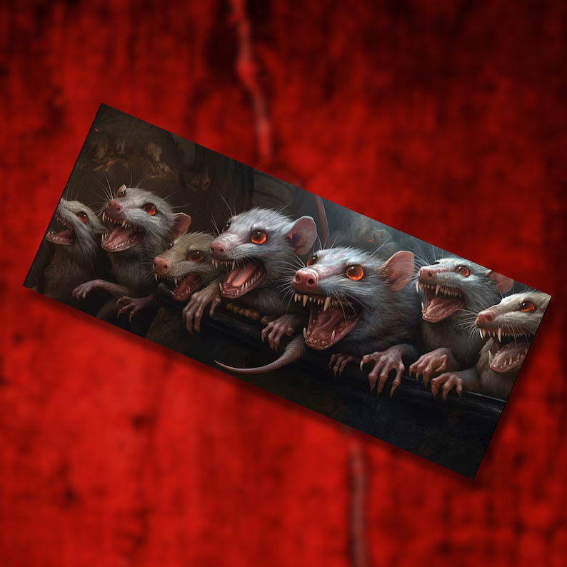 Photo of a bookmark with a drawing of seven vicious rats placed on a red fabric. 