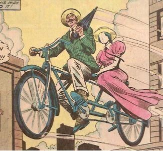 Image of a man with a mustache and a woman with no face riding a tandem bicycle through the air.