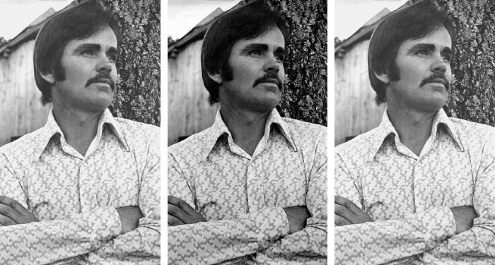 tryptic collage of a black and white image of Cormac McCarthy