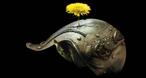 a cropped cover of Grace of Kings, showing a cracked helmet with a dandelion growing through it