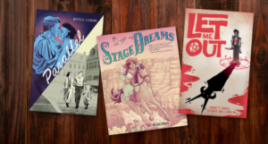 a collage of three of the queer historical comics listed