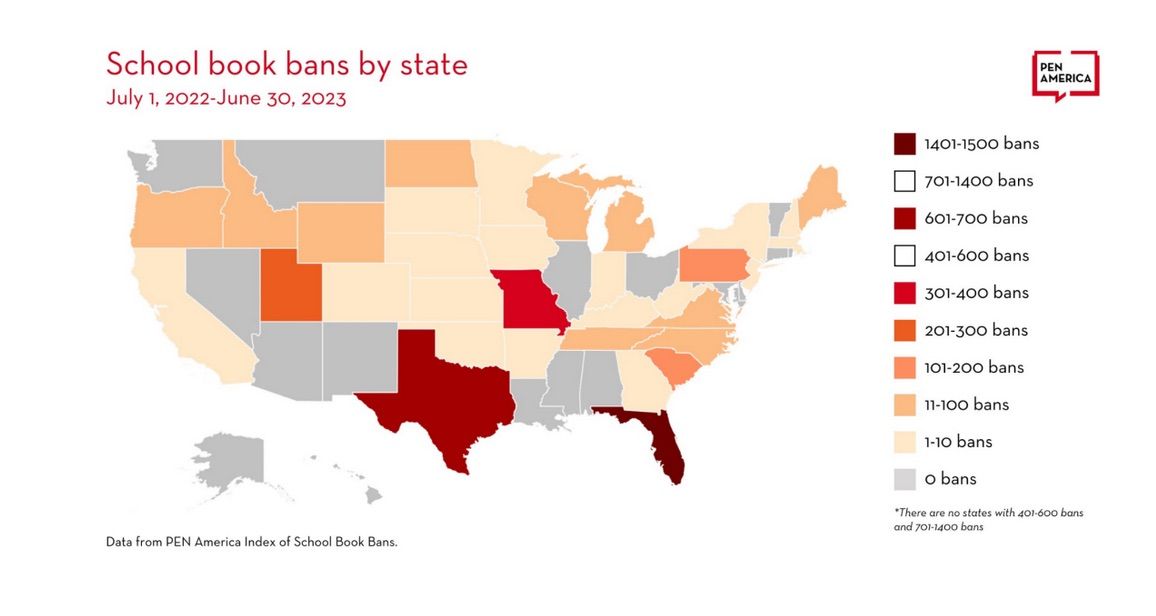 Image of graphic highlighting book bans by state from PEN America. 