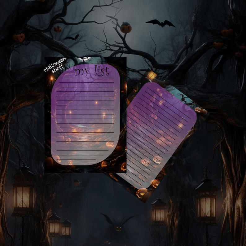 Photo of two printable notebook sheets next to each other, they are black and purple with a background of a forest at night with pumpkins