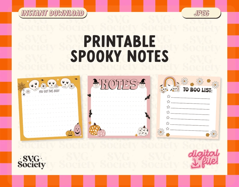 Image of three Halloween printable sticky notes. One has a frame with yellow, with skulls and pumpkins, other has a prink frame with skulls, bats, and pumpkins, and the other has lines with a to-do list text and two skulls with a rainbow and flowers. 