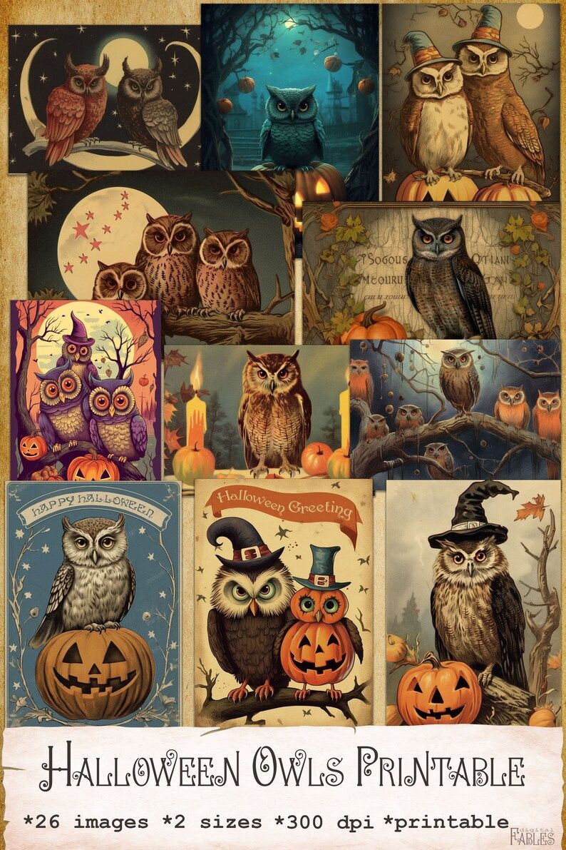 Images of several printable cards with owls, with a Halloween theme. 
