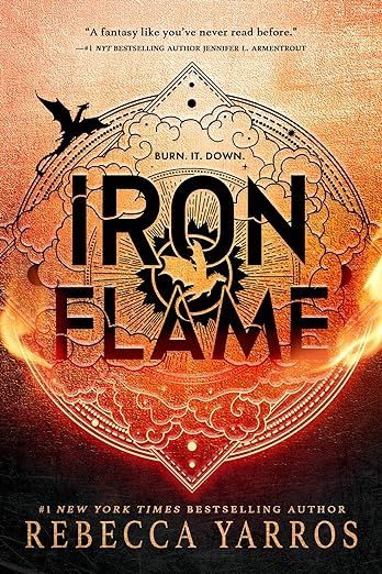 cover of Iron Flame (The Empyrean Book 2) by Rebecca Yarros; intricate black ironwork design featuring dragons over flames