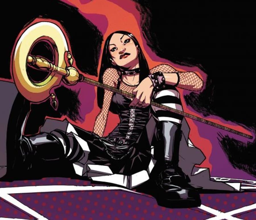 an image of Nico Minoru sitting on the ground, wearing leather and a fishnet shirt, and holding a staff. She looks bored.