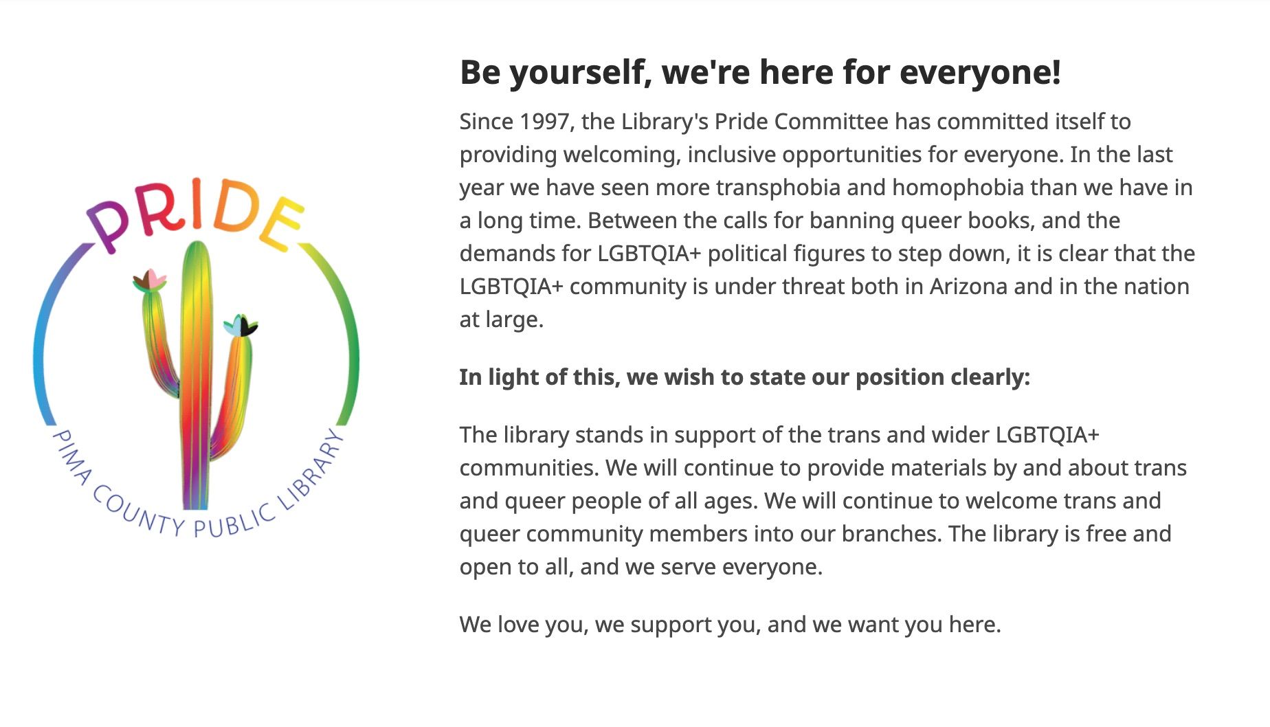 Screen shot of the Pima County Library Pride Proclamation at https://www.library.pima.gov/pride/