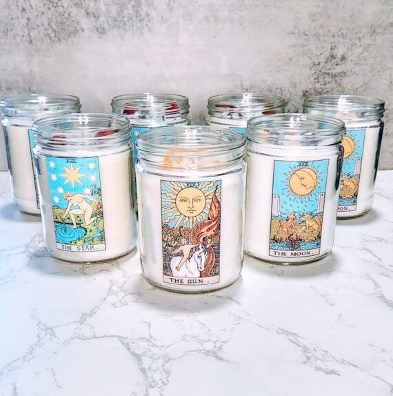 Set of wax soy candles with different tarot card labels