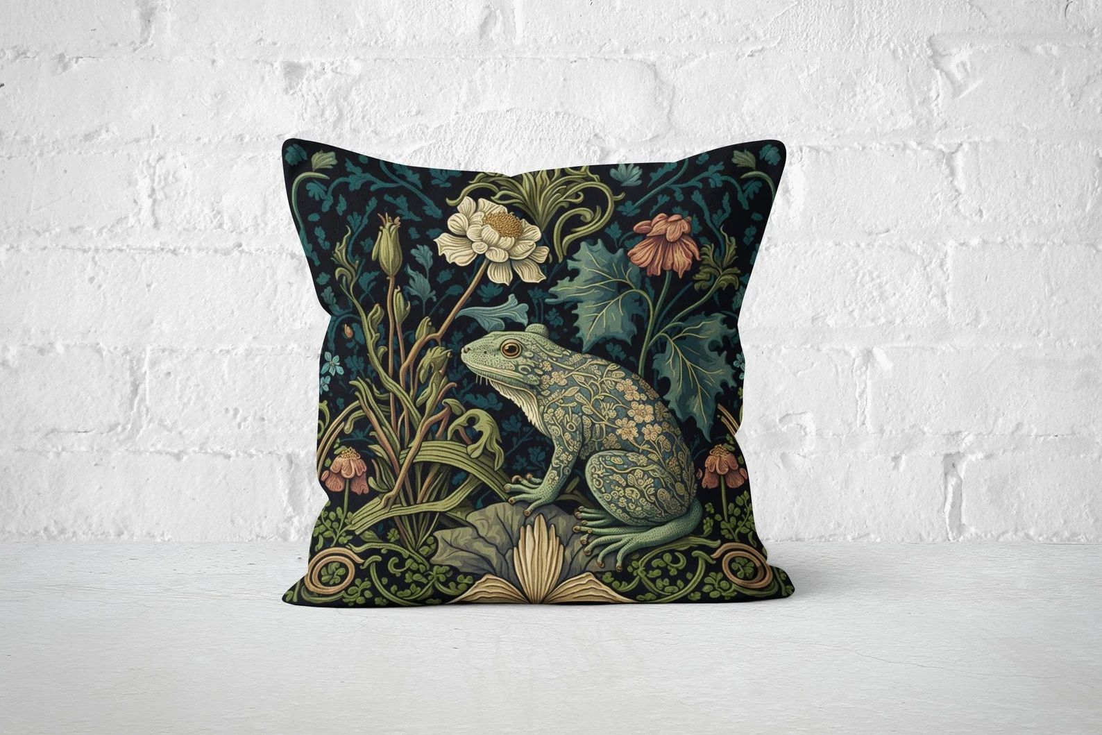 a throw pillow with a pattern of a frog in a garden