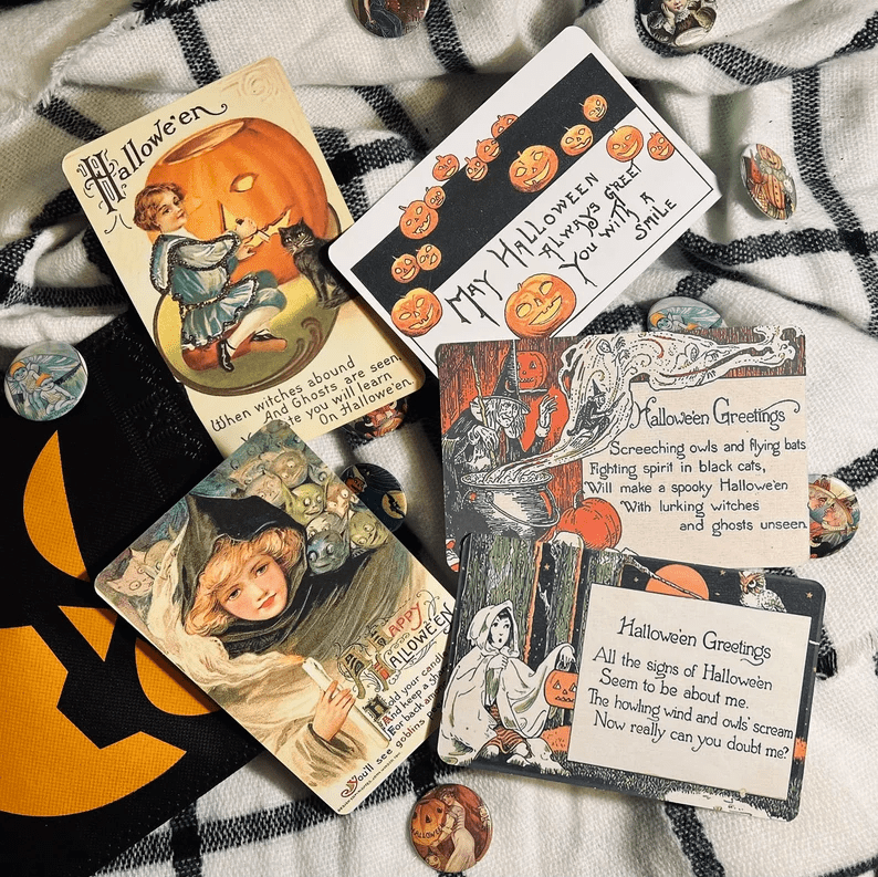 Photo of a set of Halloween-themed postcards