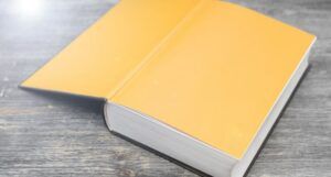 Image of an open book with yellow endpapers