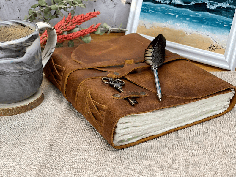 Photo of a leather notebook with a strap that closes it, a writing feather and key hanging from the strap