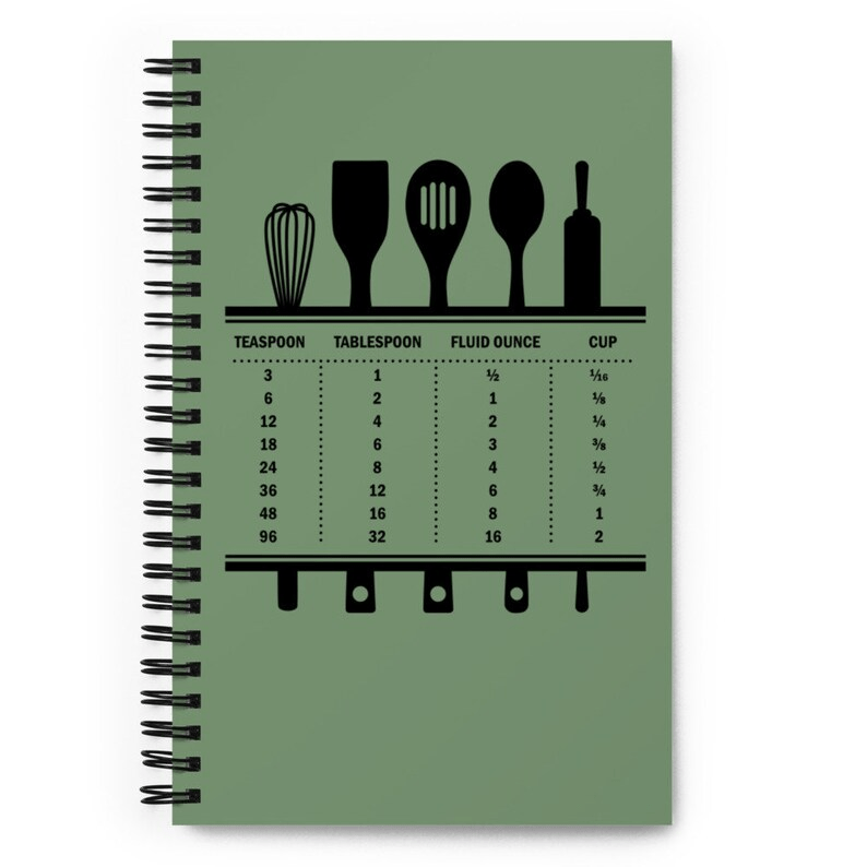 Photo of a green notebook with a cover showing the measurement and some kitchen tools and spoons