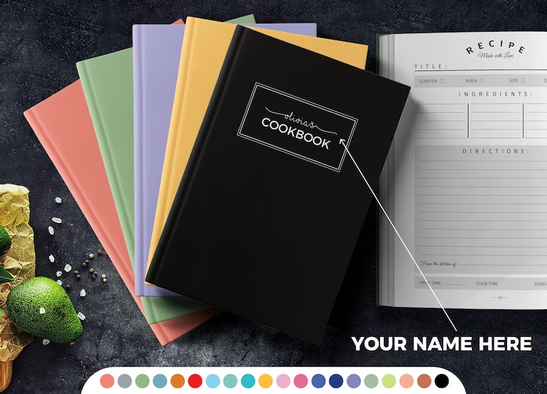 Photo of five recipe notebooks with different colour placed on top of each other, a personalised text in the centre