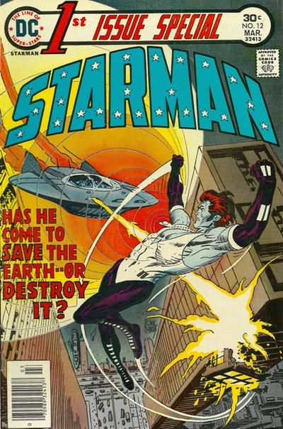 The cover of 1st Issue Special #1. It shows Mikaal, a blue alien with red hair in a white one piece bathing suit-style leotard and purple tights and gloves, flying over a city avoiding a blast from a spaceship. The cover has a large Starman logo and the words "Has he come to save the Earth - or destroy it?"
