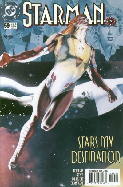 The cover of Starman #59. Mikaal, in his 70s costume, flies through space. The top of the background shows various black and white headshots of supporting characters in the series. The story is titled "Stars My Destination."
