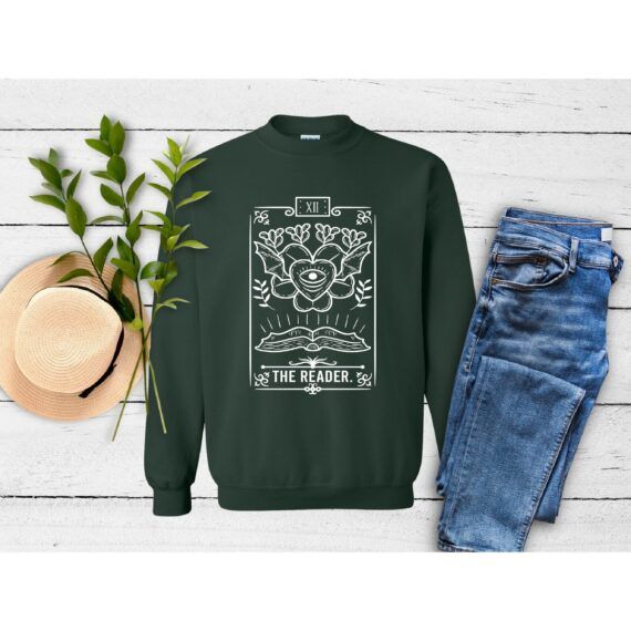 Green hoodie with a white "The Reader" tarot design
