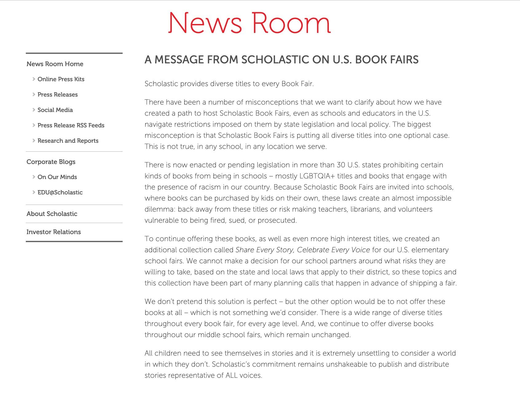 Text from Scholastic's statement on US book fairs.