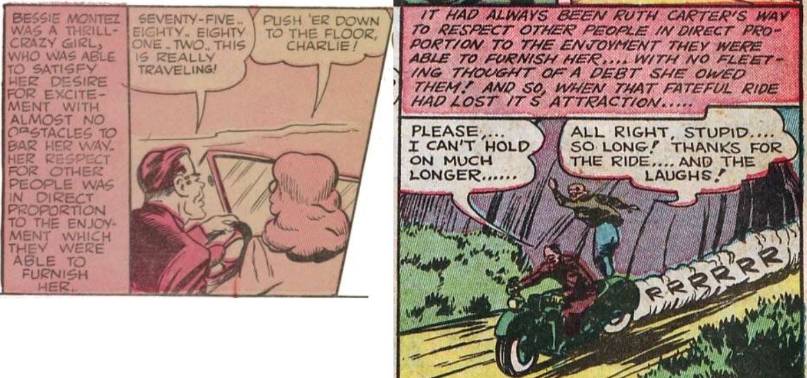 Two panels from two different issues. Each feature a woman out for a ride with a man -- the first in a car, the second on a motorbike -- while similar narration boxes talk of her love of thrills.