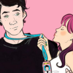a cropped cover of Love on the Brain showing an illustration of white woman with pink hair in the arms of a white man with black hair as she pull on his lanyard and tries to kiss him