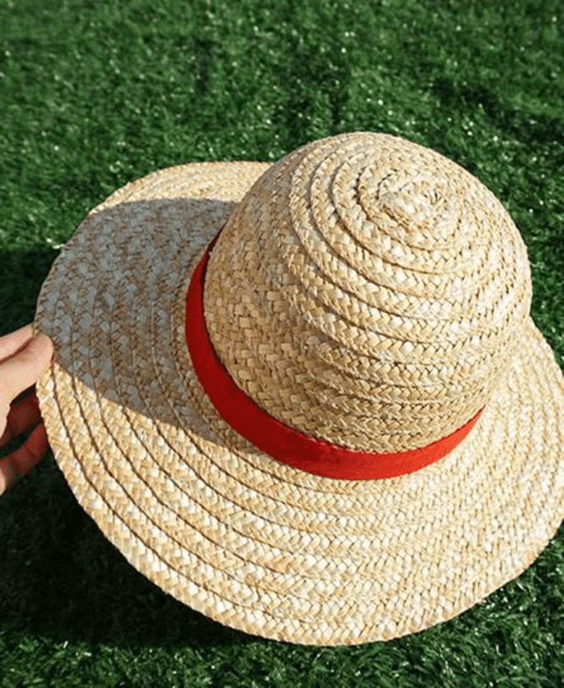 Photo of a hand holding a straw hat with a red ribbon. 
