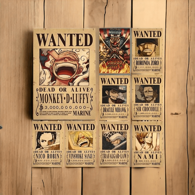 Photo of 9 One Piece WANTED posters, each featuring a different with different character