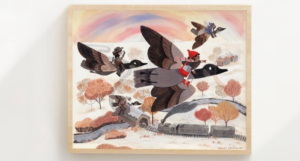 A print of an autumn landscape and books being delivered by readers astride Canadian geese