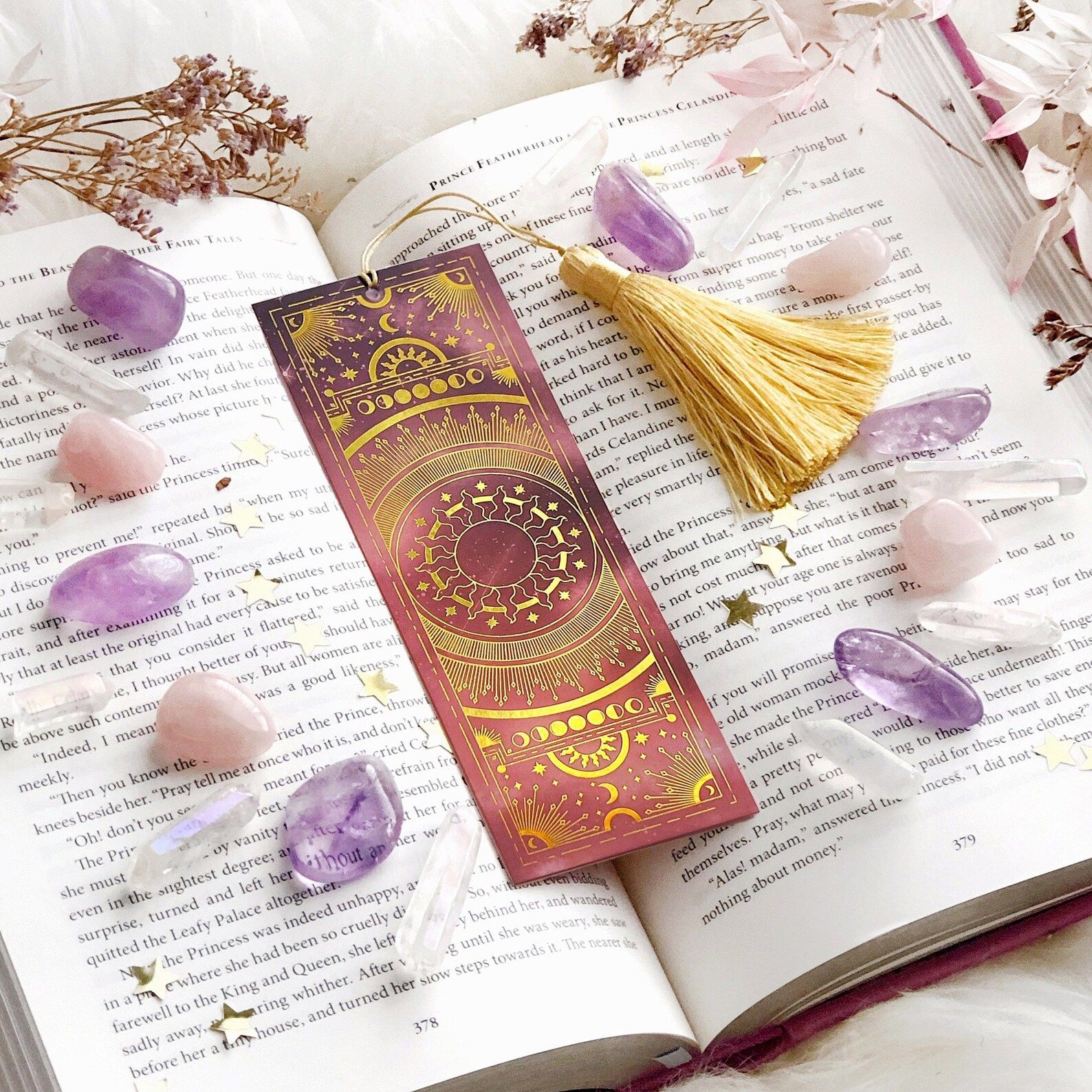 pink and purple bookmark with gold celestial details