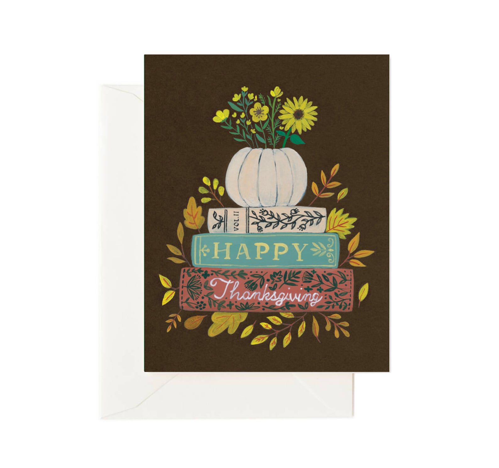 A brown card with a stack of books that reads "Happy Thanksgiving"