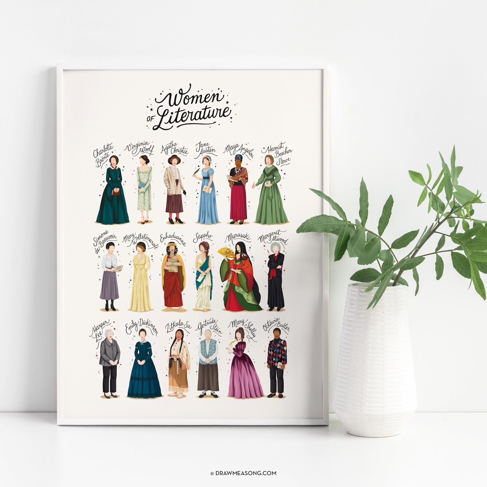 A print with illustrations of 18 female writers throughout the ages