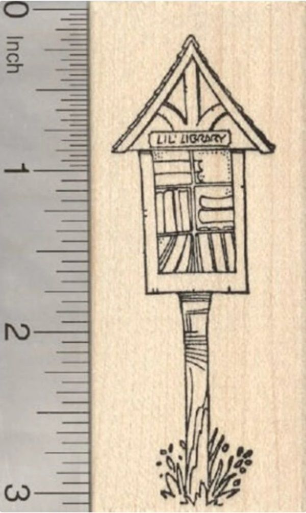 image of rubber stamp with art of little library