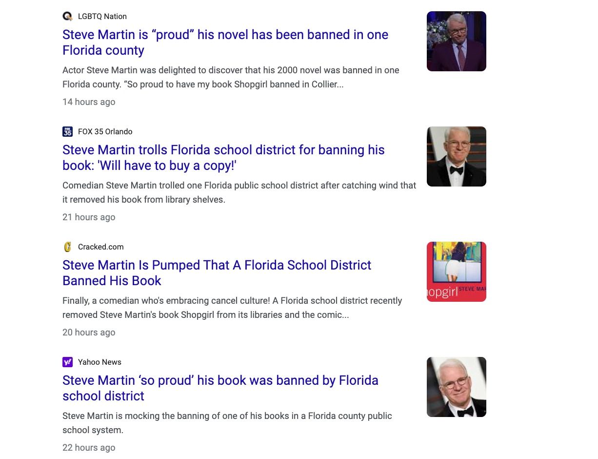 Google results for the terms book pulled with stories about steve martin's response. 