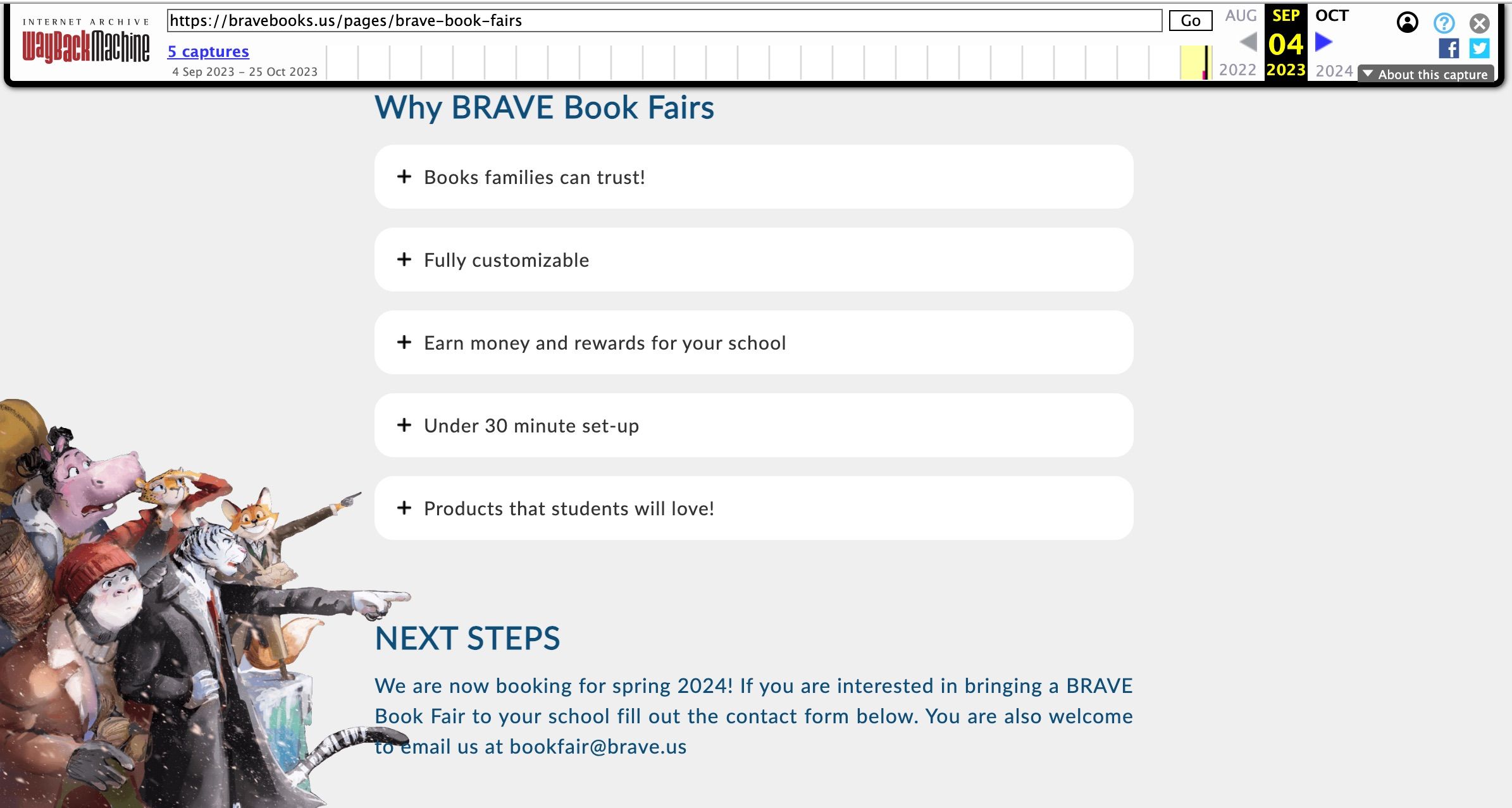 Image of brave books book fairs website from September 14, 2023. 
