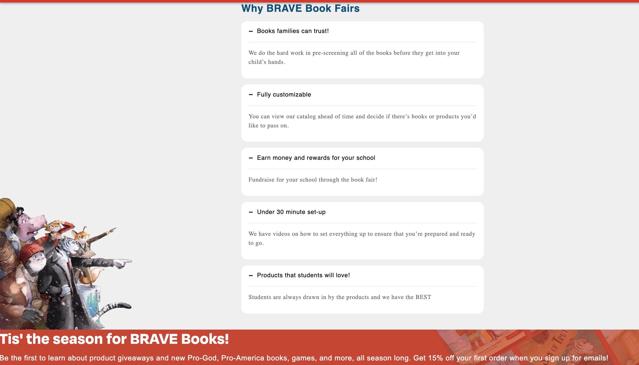 screen shot of brave book's book fair landing page. 