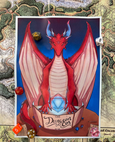 D&D poster with a dragon and dice