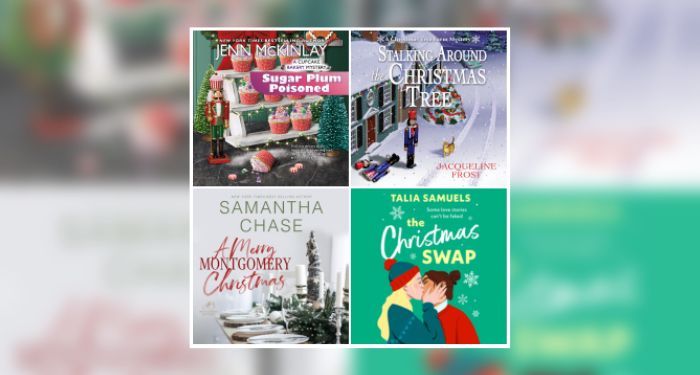 Audio book covers of Sugar Plum Poisoned by Jenn McKinlay, Stalking Around the Christmas Tree by Jacqueline Frost, A Merry Montgomery Christmas by Samantha Chase, The Christmas Swap by Talia Samuels