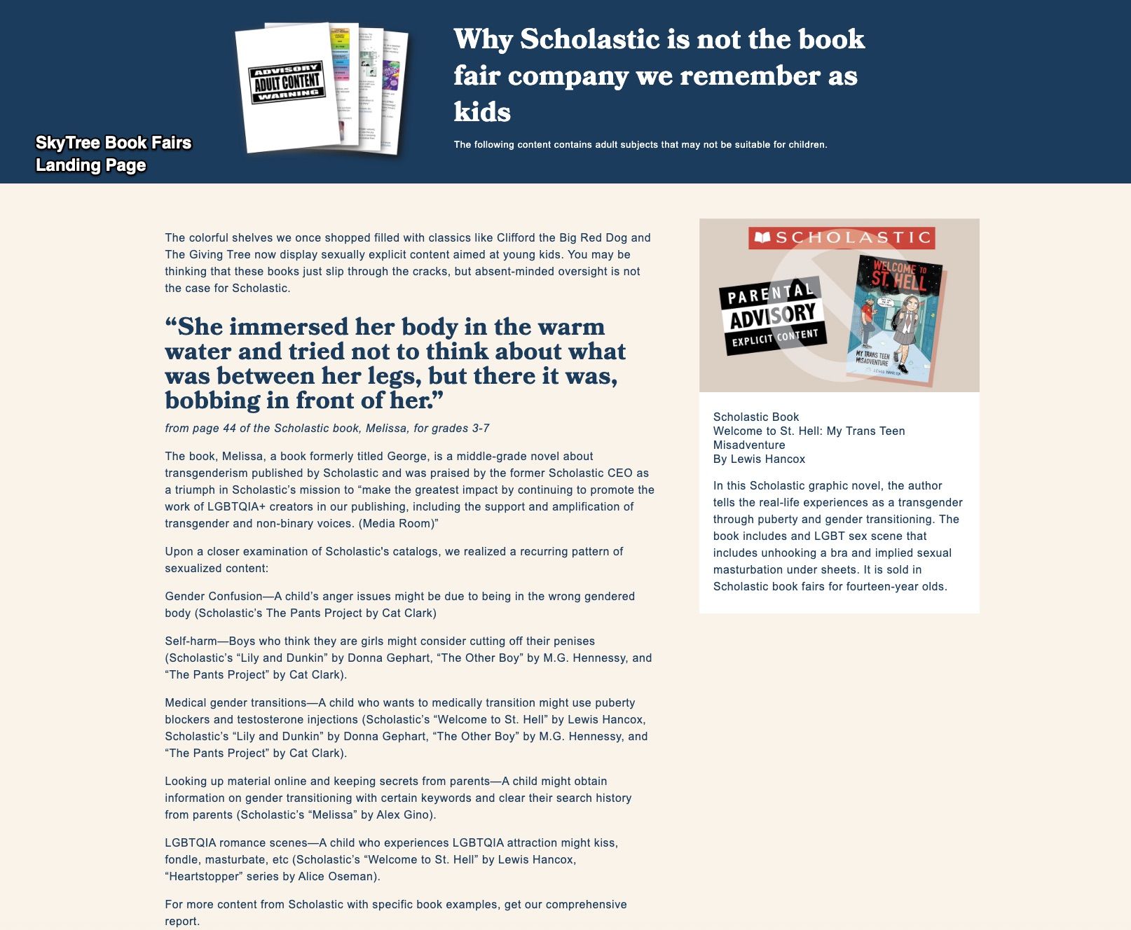Screen shot of SkyTree book fair landing page talking at length about the dangers of scholastic. 