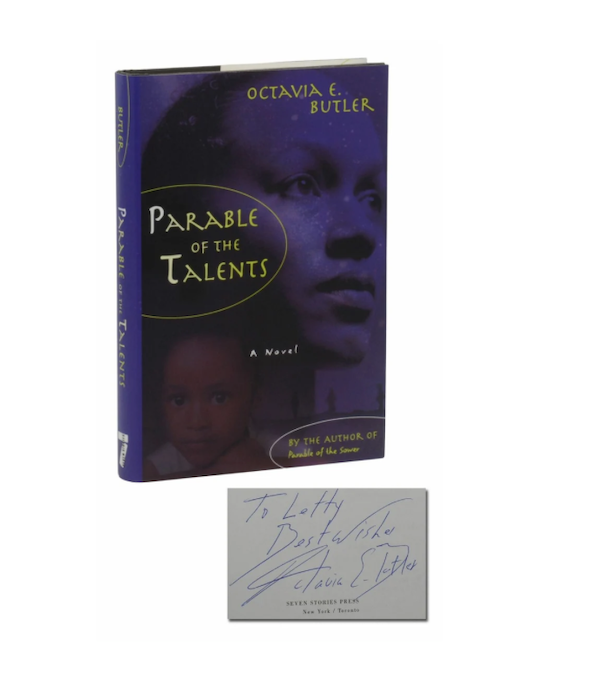 Cover image of Octavia Butler's Parable of the Talents with additional image of inner signature made out to Lotty.