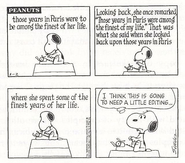 Four panels of a Peanuts comic where Snoopy is writing