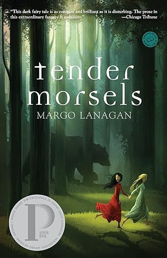 cover of Tender Morsels by Margo Lanagan; illustration of two girls, one blonde and one brunette, running through the woods chased by the shadow of a bear