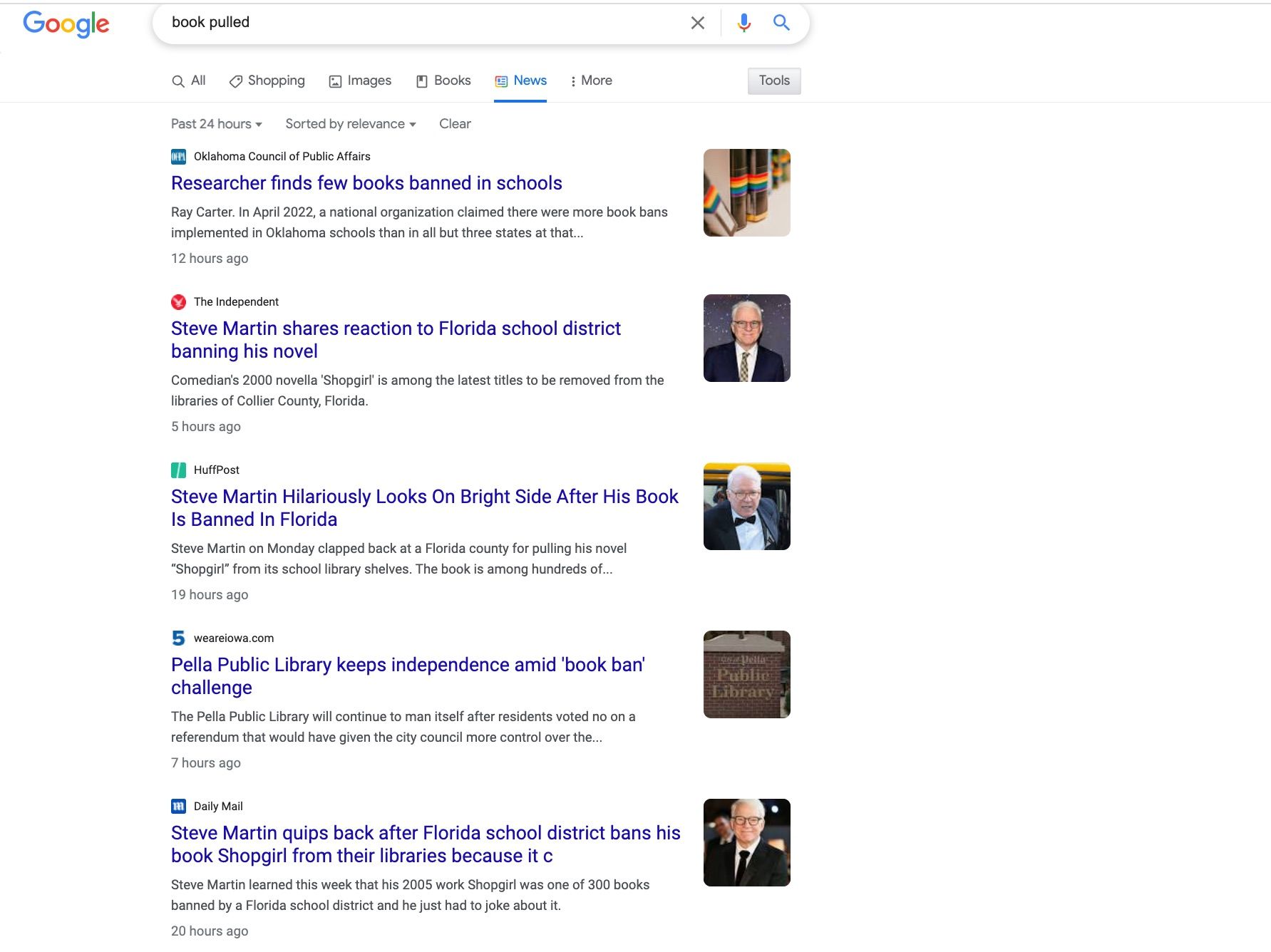 Google results for the terms book pulled with stories about steve martin's response. 