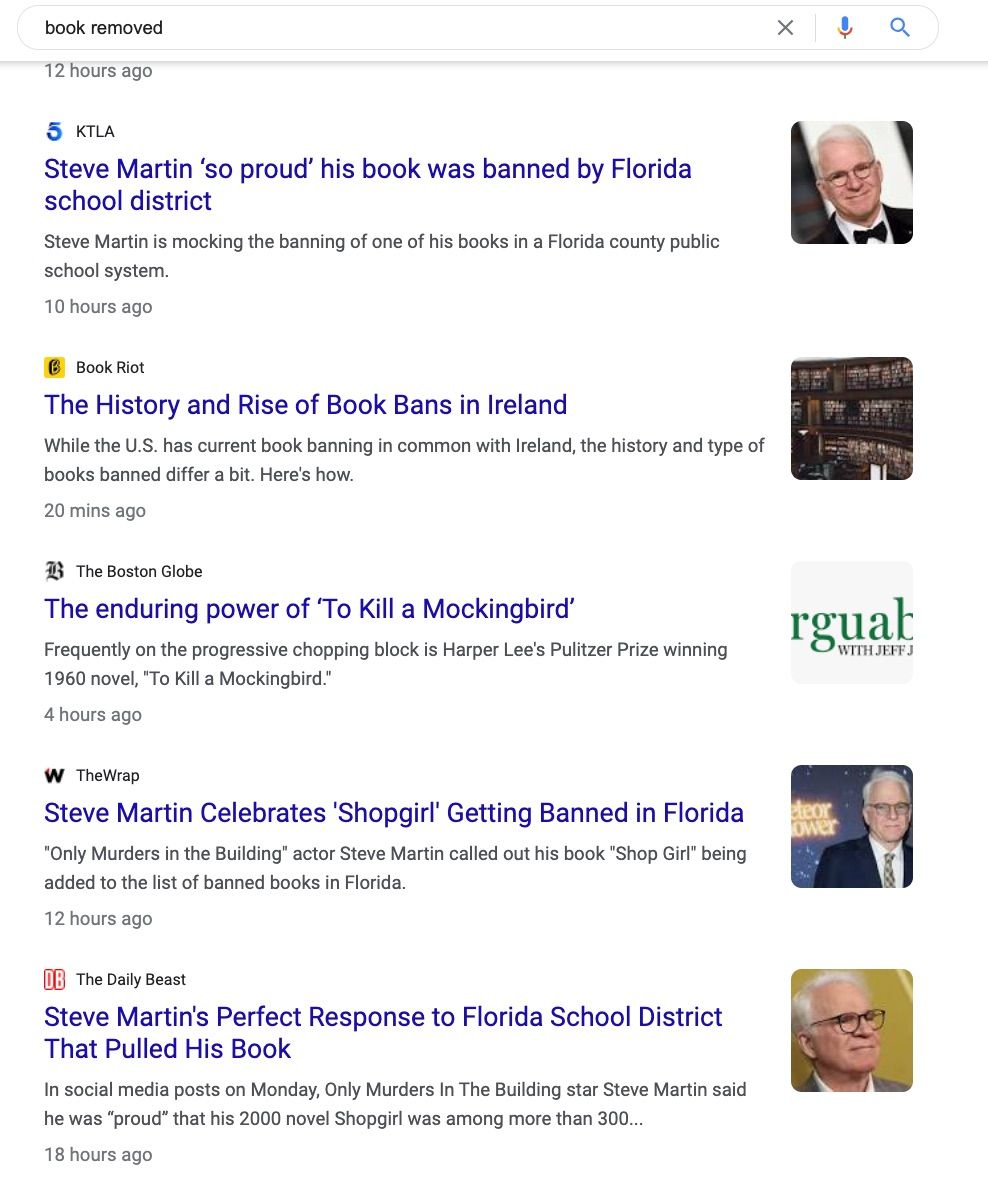 Google search for "book removed" with several stories about Steve Martin.