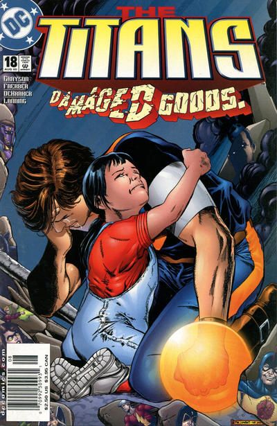 The cover of Titans #18. Damage, a white teenage boy with brown hair and a blue and orange costume, is on his knees and weeping. He is being hugged by Lian Harper, an Asian little girl with black hair. Below the Titans logo, the cover reads "DAMAGED GOODS."