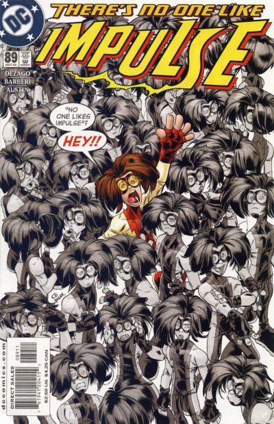 The cover of Impulse #89. Impulse, a white teenage boy with very thick brown hair and a red and white costume, is surrounded by dozens of black and white clones of himself. The top of the cover reads "There's no one like Impulse," with the word "Impulse" also serving as the logo. Impulse is reading it and saying "'No one likes Impulse?' Hey!!"