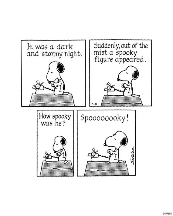 four panels of Snoopy attempting to write a spooky story, starting with "It was a dark and stormy night"